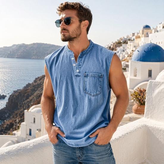 Men's Sleeveless Shirts, V Neck Breathable Shirts, Casual Summer Lightweight Pocket Top, Button Up Solid Color Stretchable Top for Summer