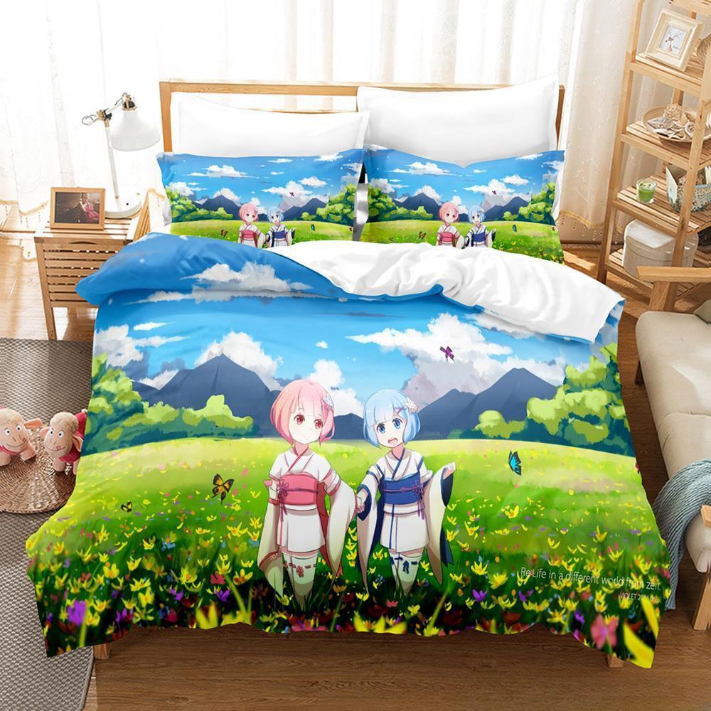 New Re Zero Rem Ram Bedding Set 3d Print Kawaii Cartoon Anime Three-piece Set Adult Kid Bedroom Duvet Cover Sets Home Textiles