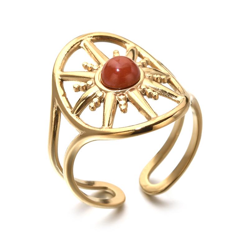 Stylish Stainless Steel Open Ring with Natural Stone and Hollow Eight-Pointed Star Design