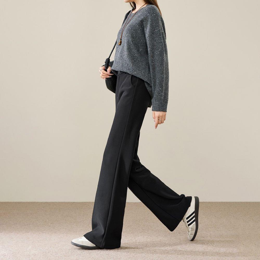 

Black Micro-Flare Woolen Pants: Slim, High-Waisted, Elastic, Petite, Pure Color with Spliced Split Design. M 27/95-105 lbs