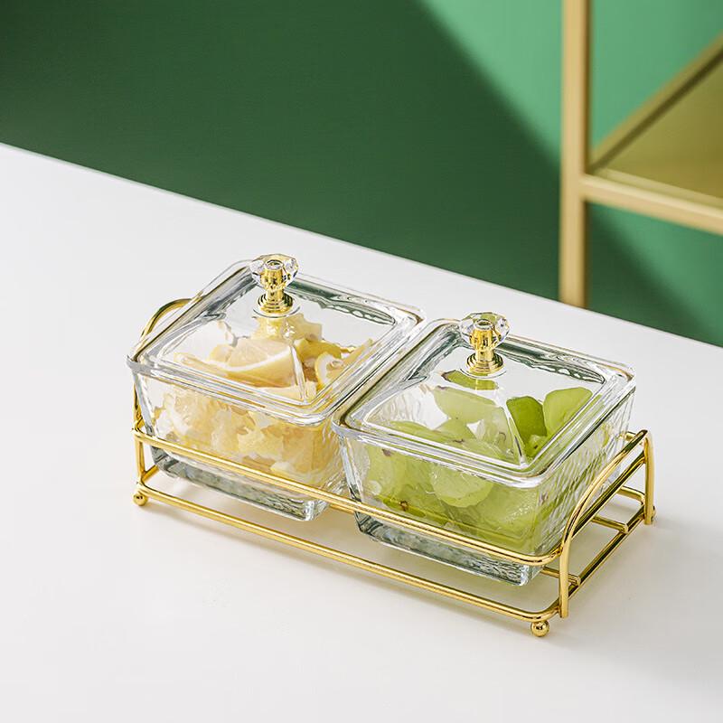 Hammered Glass Two-Compartment Serving Dish with Gold Stand