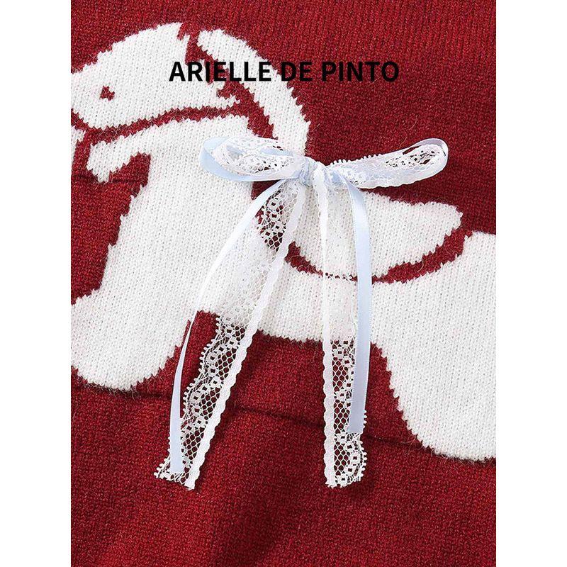 French Arielle De Pinto Girls' Winter Sweater, Red New Year's Greeting Knitwear for the Year of the Horse