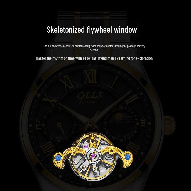 QLLS Men's Fashion Automatic Luminous Waterproof Skeleton Wristwatch - Business Casual Style