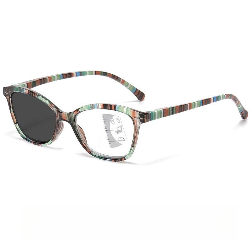 

Fashion Stripe Frame Photochromic Multifocal Reading Glasses Women Men High-Definition Multifocal Degree Glasses Near and Away +4 чай зелений колір
