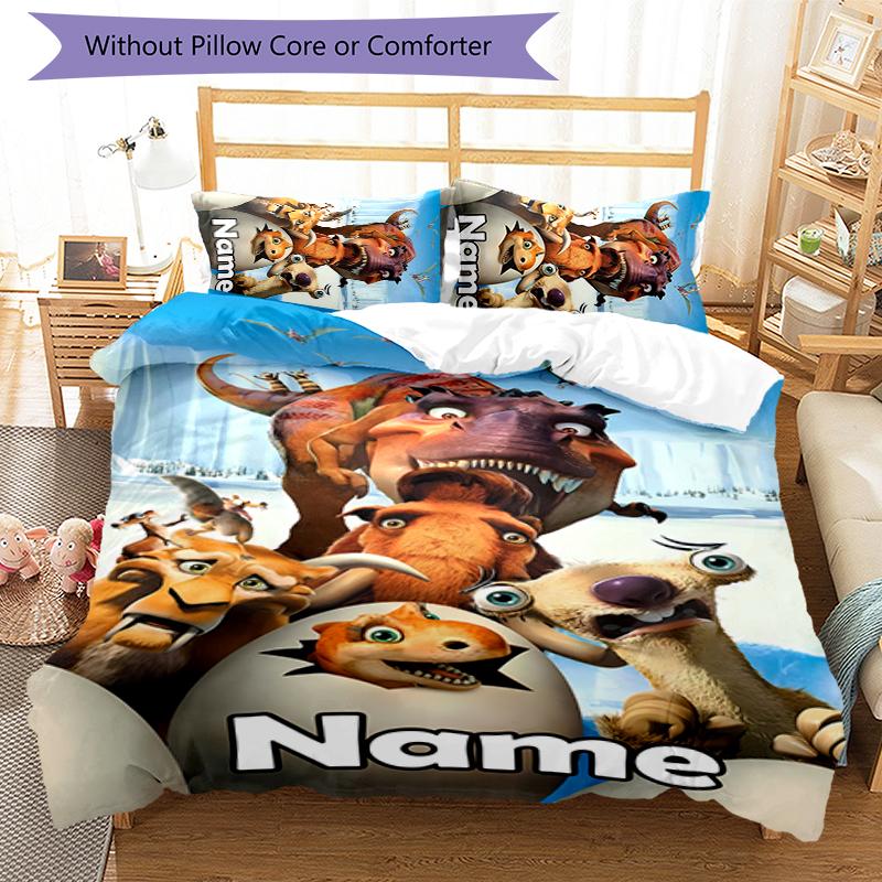 Juego de Ropa de Cama con Nombre Personalizado de Dibujos Animados Ice Age: El Origen de los Dinosaurios, Cierre de Funda Nórdica, Incluye 1 Funda Nórdica y 2 Fundas de Almohada para Todas las Estaciones, Dormitorio