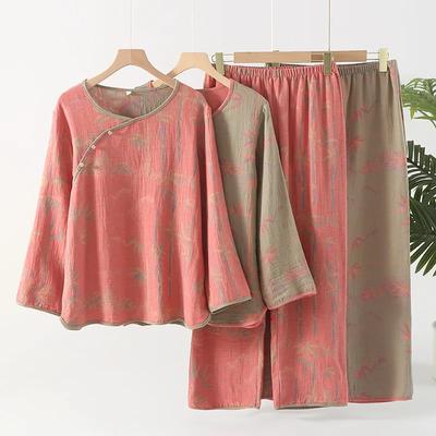 Women's Yarn-dyed Cotton Bamboo Print Pajamas Round Neck Retro Long Sleeves Trousers Loungewear Loose Leisure Retro Home Clothes