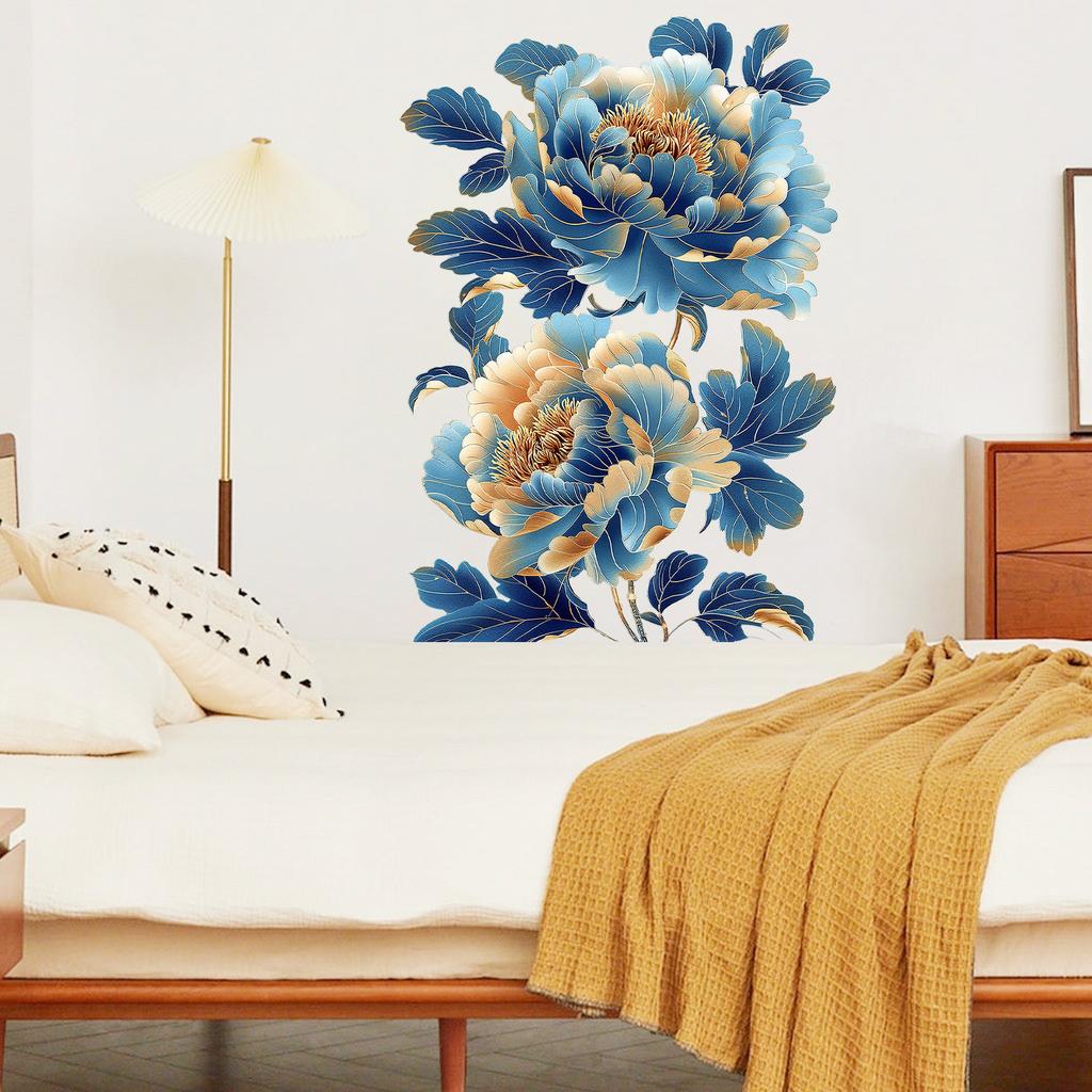 Niebieski Kwiat Peonii Naklejka Ścienna do Sypialni Salonu Przedpokoju Wystrój Domu Sztuka Ścienna Samoprzylepny Winyl