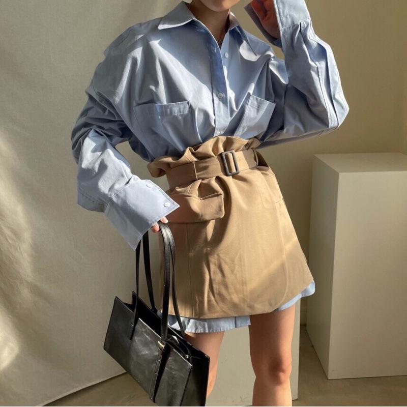 

Chic Solid Color BF Style Shirt & Wrap Skirt Set One Size