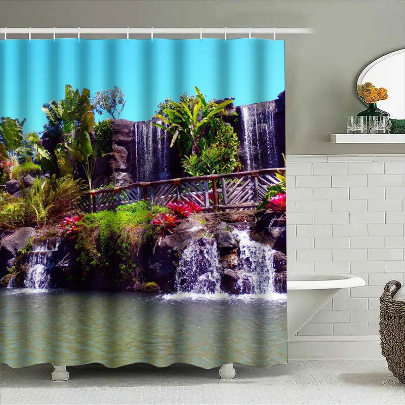 Bathroom Decor Waterproof Shower Curtain Tropical Waterfall Design for Bathtub Coverings White Color Polyester Fabric (200 x 180