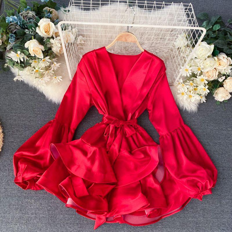 

Elegant Socialite Ins Lantern Sleeve Dress Satin Red One size