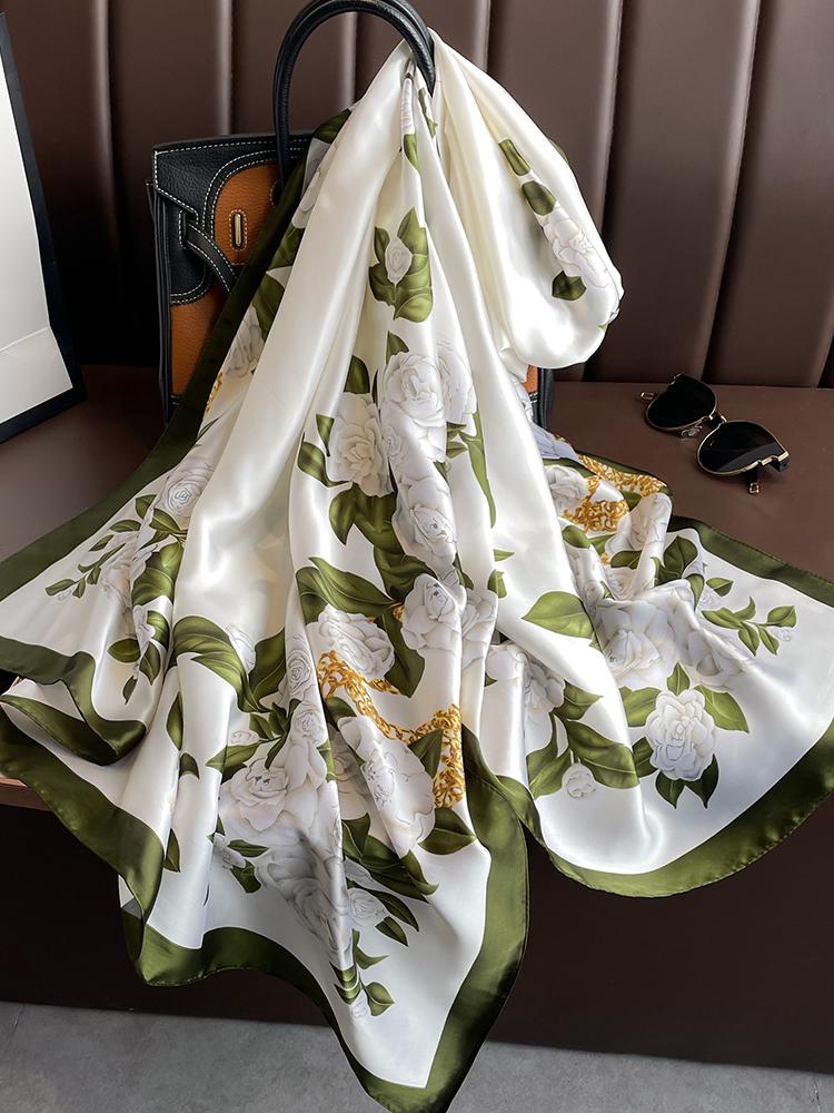 Fashion Elegant Women Silk Scarf Beach Wrap Shawl Vintage Satin Floral Print Sunscreen Bandana Hijab Mujer Scarve Foulard Pareo