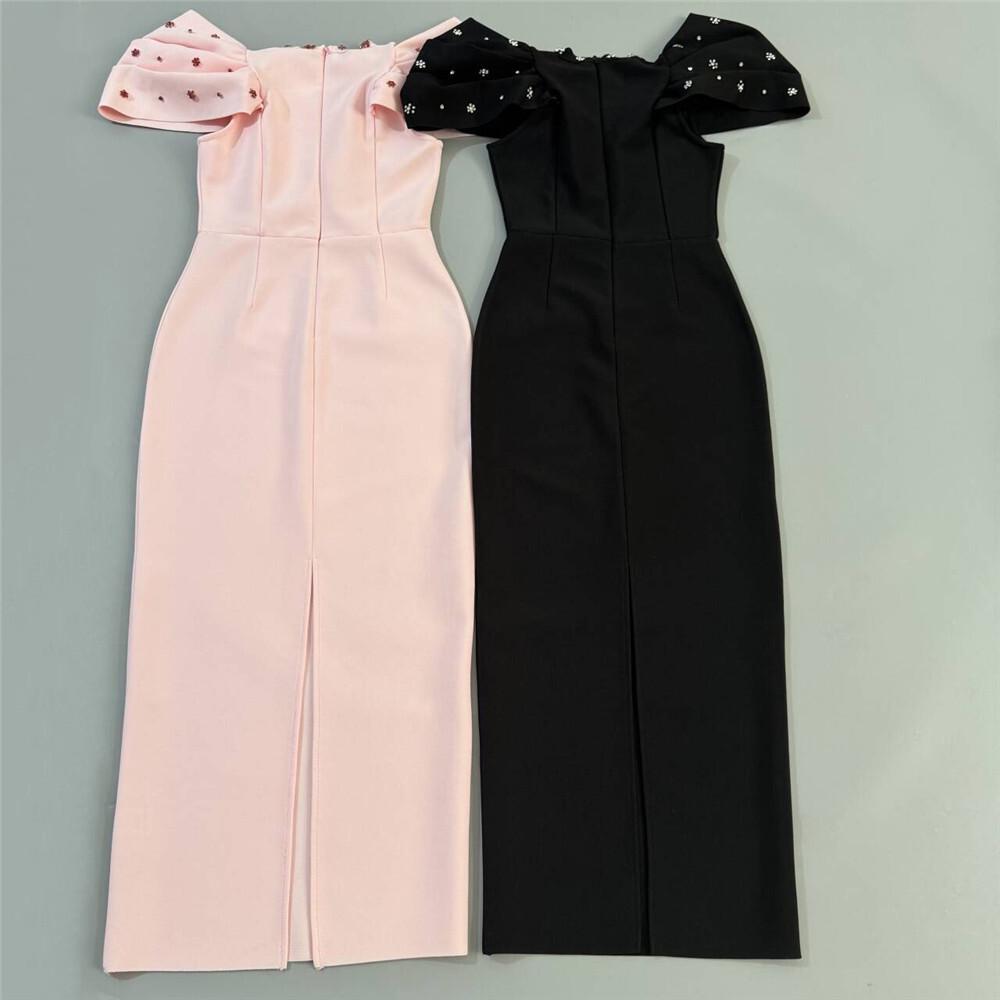 European-American Elegant Bandage Dress with Pleated Design and Rhinestone Accents
