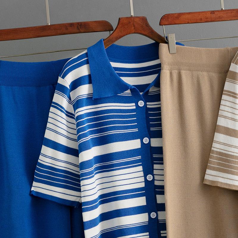 Fashion Knitted Set Women's Summer Striped Loose Short Sleeve Top Casual Pants Two Piece Set