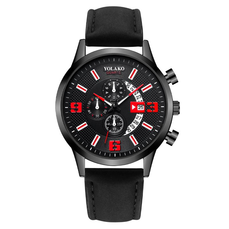 JYL Men s Watch Fashion Three-eye Blue Light Leather Strap Black plate black shell red needle темные пастельные красный