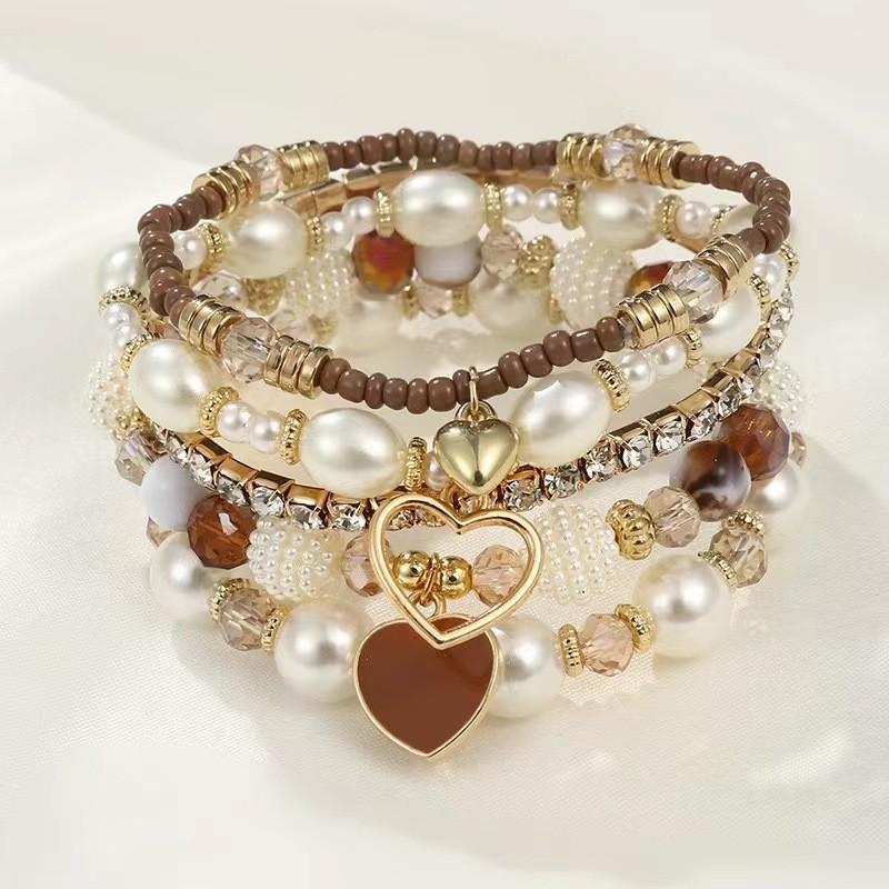 Bohemian Heart Shape Pearl Beaded Bracelet For Women With Handmade Craft And Stylish Design коричневый