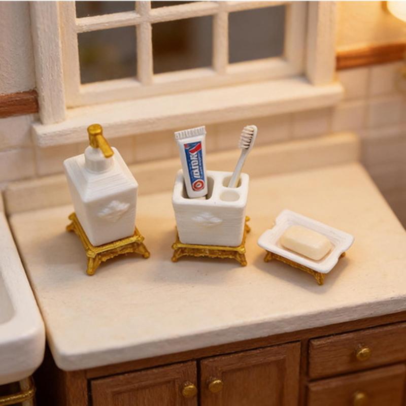 Dollhouse Mini 1 12 Scale Toothbrush Holder Set 1 3Pcs Realistic Bathroom Accessories for Model Room