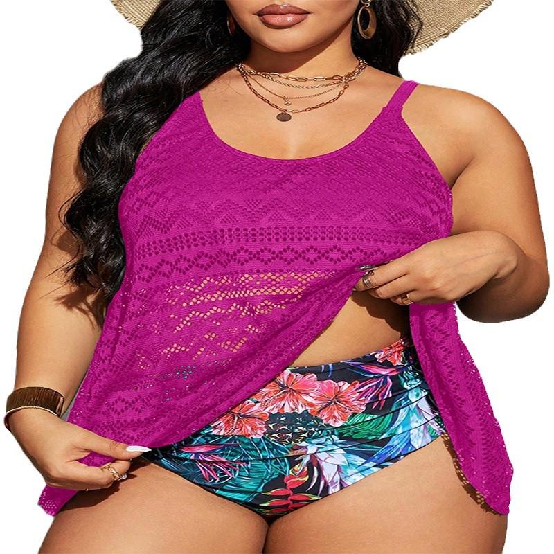 2024 Plus Size Solid Color Spaghetti Strap Mesh Bikini Swimsuit for Women