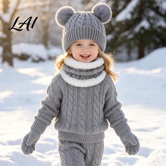 Five Finger Winter Gloves for Toddlers Kids Warm Knit Set Bear Ear Hat Fleece Lined Neck Gaiter & Weather Resistant Thermal Set Full Gloves,