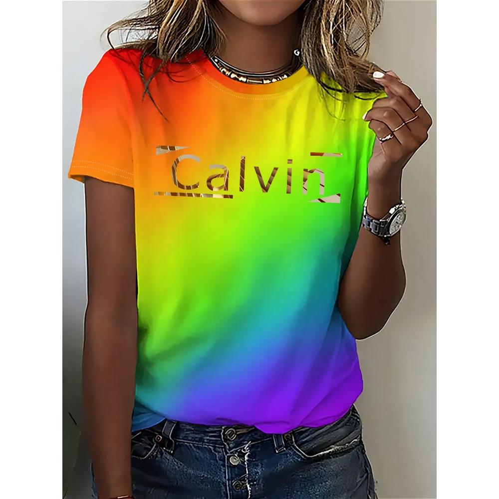 Women s casual short-sleeved round neck T-shirt - gradient rainbow graphic print, loose fit, XXS