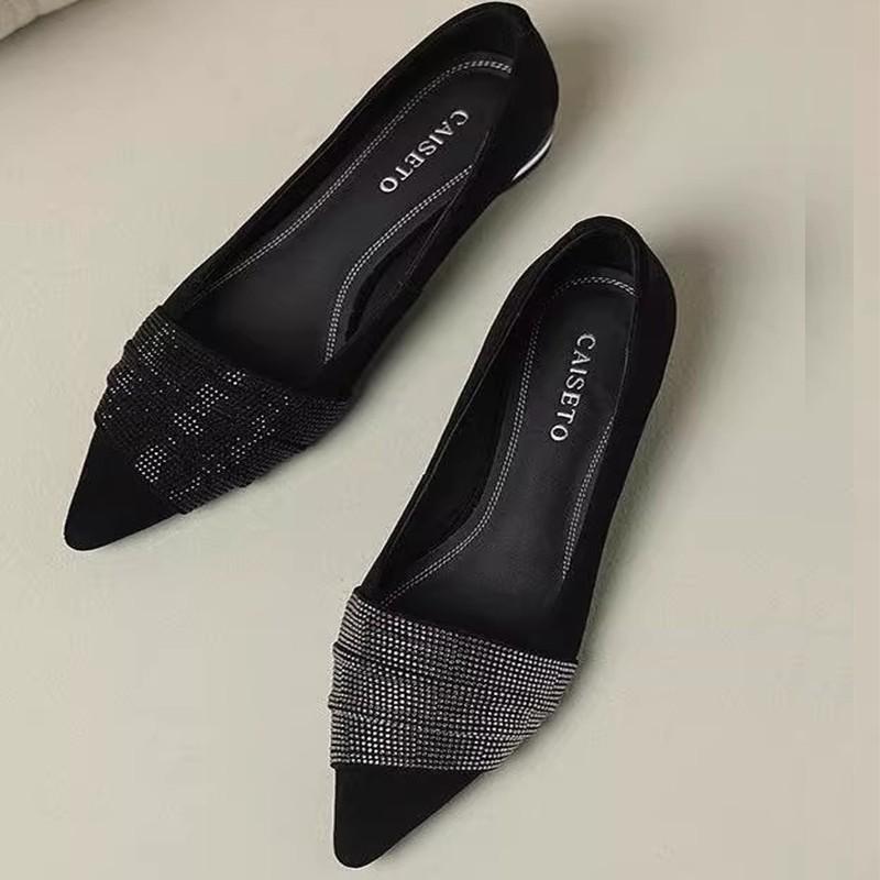 European Station 2025 Spring and Summer New Temperament French Pointed Rhinestone Low Heel Word with Shallow Mouth Versatile Single Shoes Women