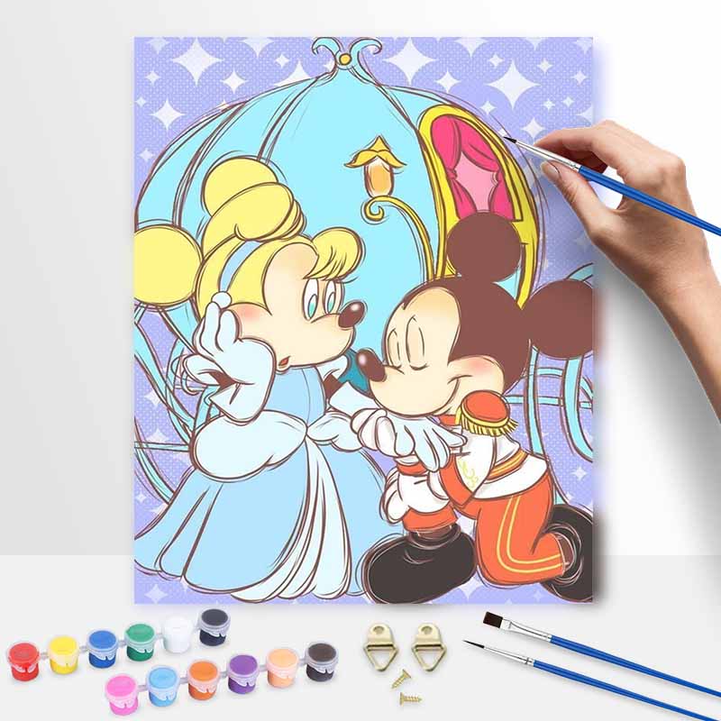 Disney Oil Painting Kit, Cinderella Mickey Hand Painting Canvas DIY Home Decor, Romantic Scene (138 characters) 20x30cm