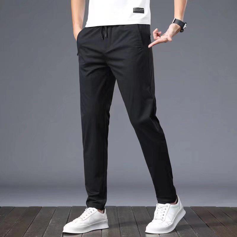 Men's Summer Ice Silk Embroidered Casual Sports Pants - Loose Fit, Trendy, All-Match, Straight, Large Size