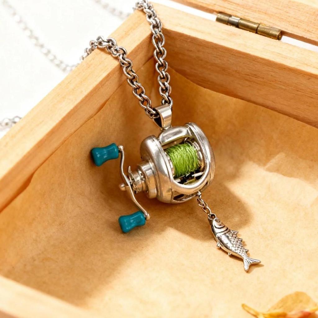 Men Women Mini Fishing Reel Jewelry Set Line Wheel Pendant Necklace Fashion Sporty Outdoor Fishing Jewelry Gift for Anglers