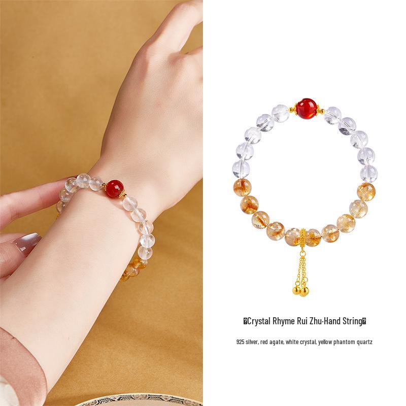 

S925 Sterling Silver White Crystal, Red Agate & Yellow Phantom Quartz Women s Bracelet - Attract Love & Elegance 925 Silver