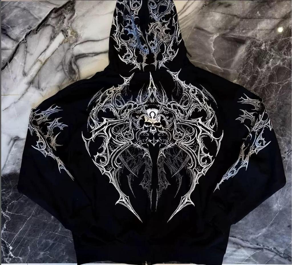 American Trendy Skull Print Zipper Hoodie: Autumn/Winter Dark Style