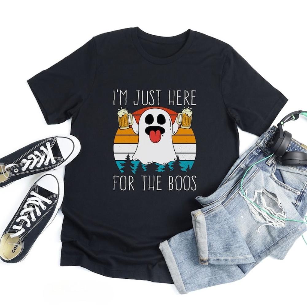 Im Just Here for The Boos Funny Halloween Drinking Party Graphic T Shirts Woman Man Vintage Festival Cotton Tshirt Camisetas