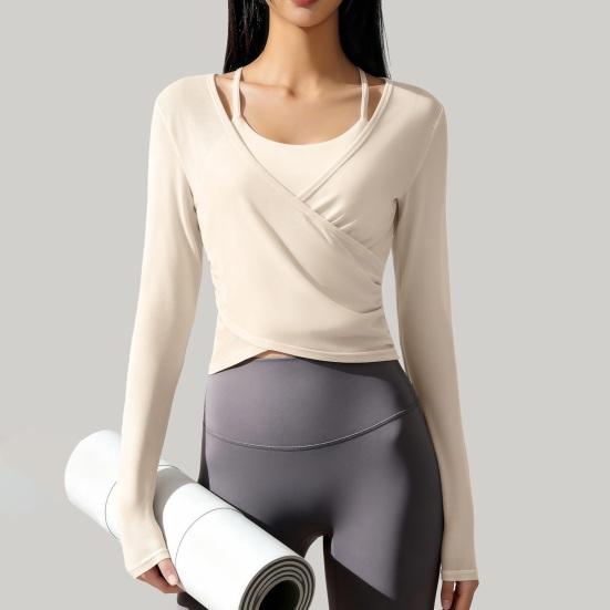 Long Sleeve Yoga Two-Piece Set for Women Mesh Gym Athletic Tops Workout Shirts with Support Sports Bra