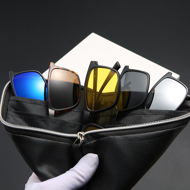 Men's & Women's Magnetic Polarized Clip-On Sunglasses - Retro Square Frame, Spring Legs, 5 Interchangeable Lenses Set (Model 2249)