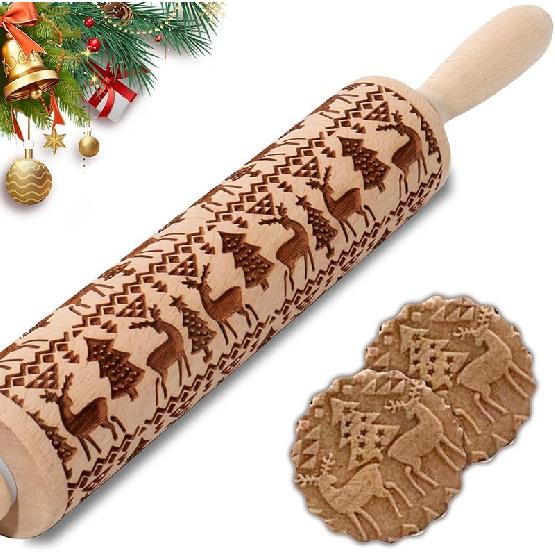 Christmas Embossed Rolling Pin for Baking Cookies Embossing Rolling Pins with Design Wooden Engraved Springerle Roller Pin Dough Patterned Clay