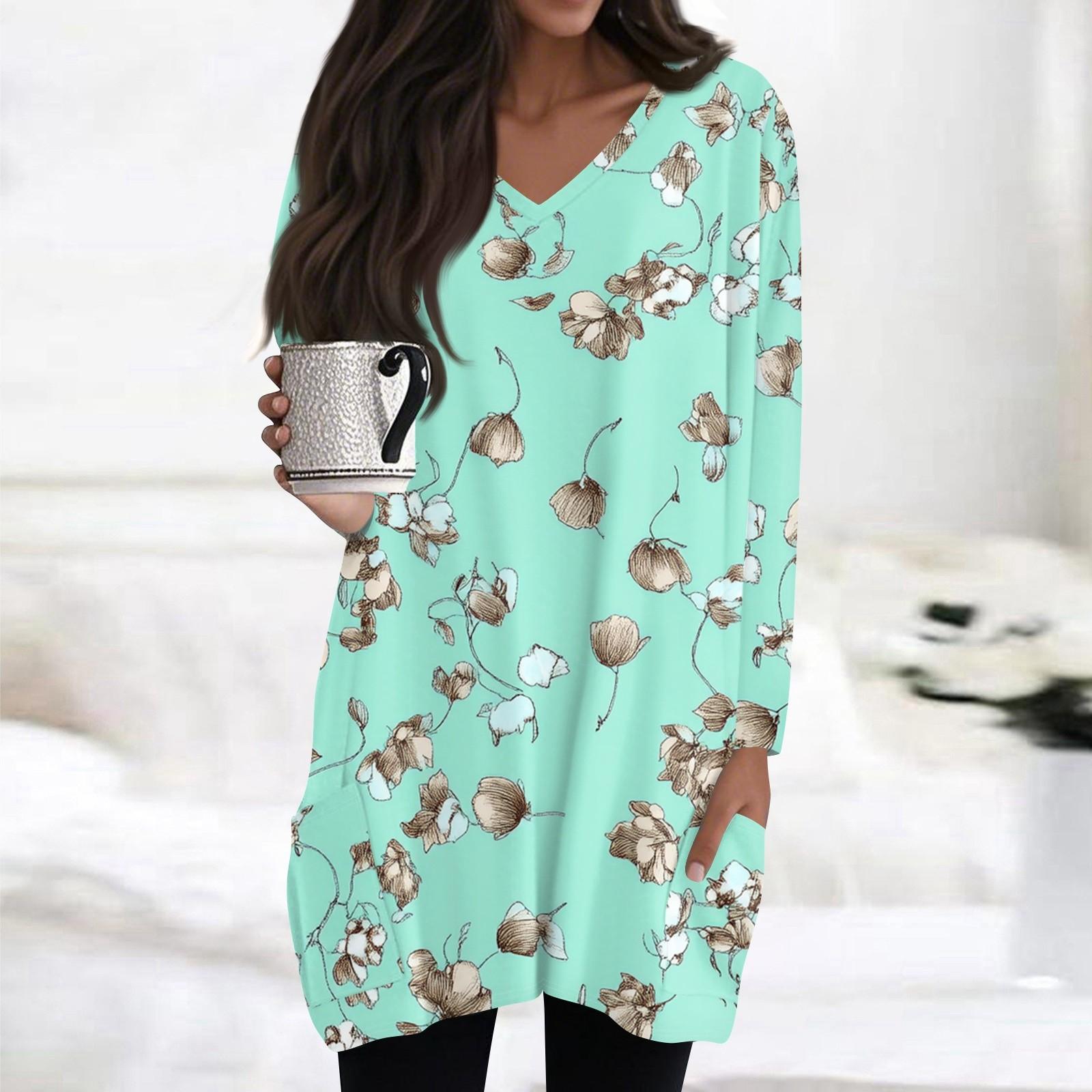 

Женские топы с V-образным вырезом и длинным рукавом, повседневные блузки средней длины, модные туники с принтом и карманами L зелёный