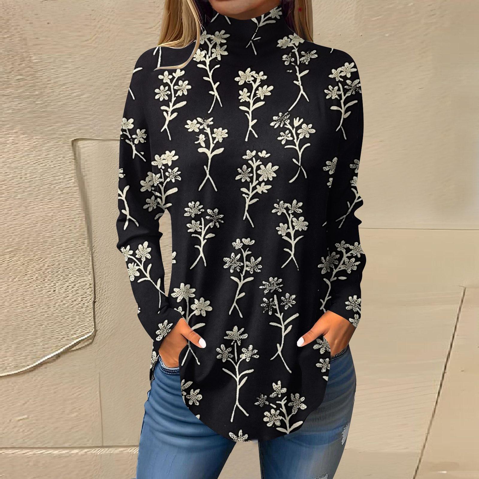 

Женская свободная футболка с высоким воротом и длинными рукавами с цветочным принтом в стиле ретро, топ-пуловер L чёрный