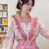 Women's Romantic Pink Lace Trim Ruffle V Neck Long Sleeve Top