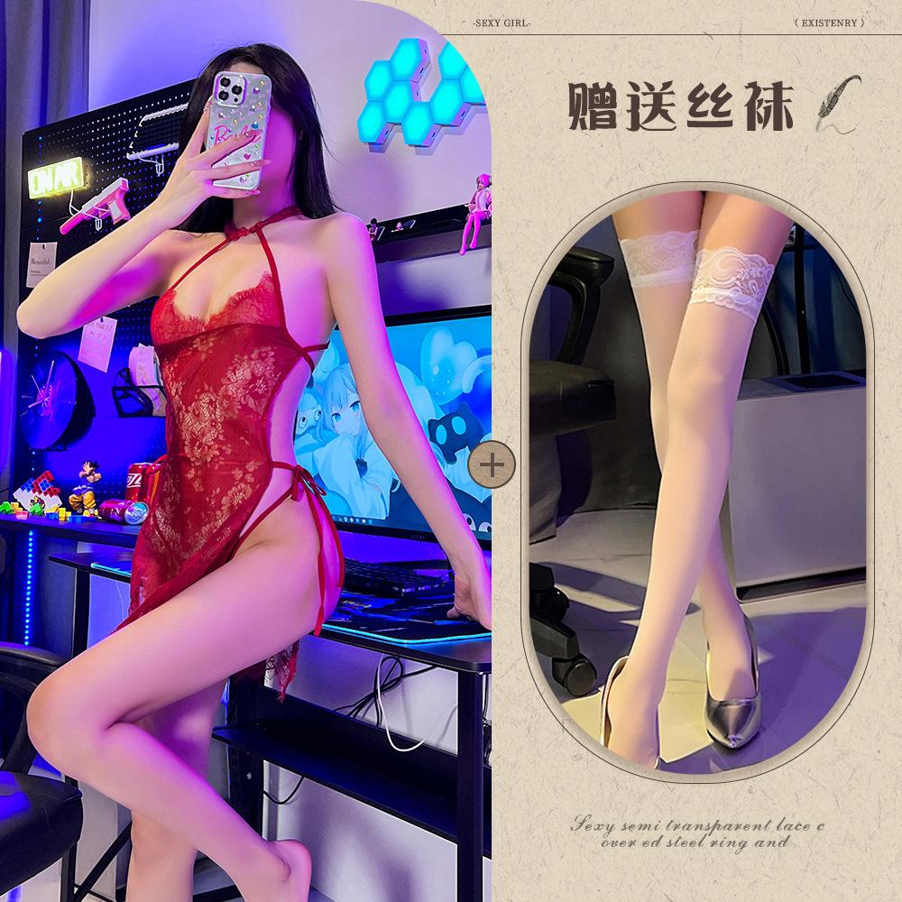 Sex Underwear Retro Perspective Lace Cheongsam Sexy Eyelash Edge Strap Nightdress Hot Temptation Backless