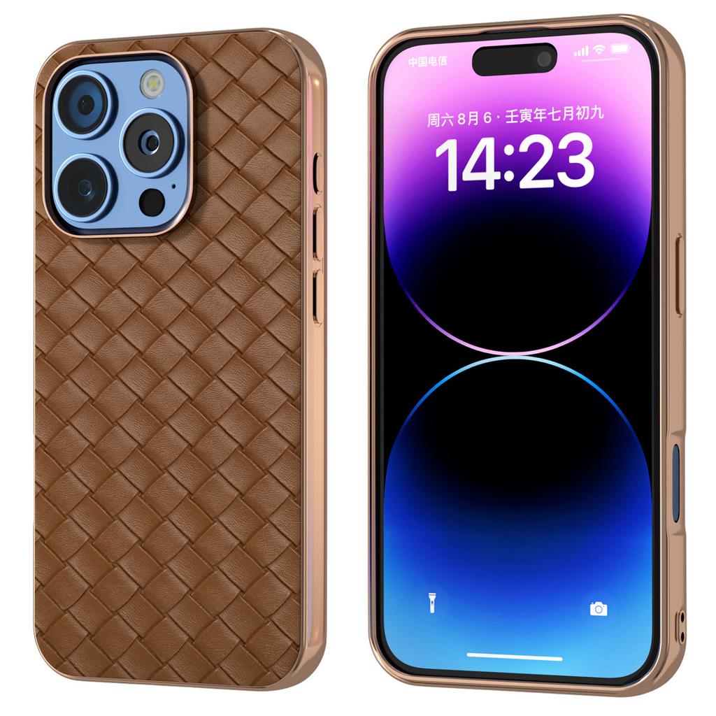 For iPhone 16 Pro Max Case Woven Texture Electroplating Edge Leather Coated PC+TPU Phone Cover
