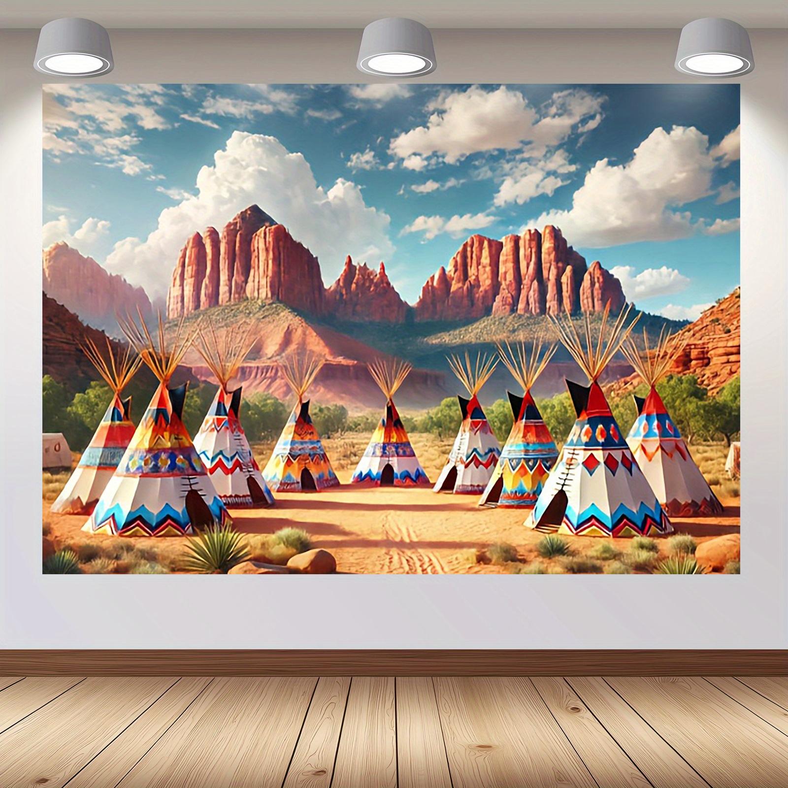 Colorful Native American tents and desert landscape photography background fabric - polyester fiber, Southwest style decoration 100x150cm