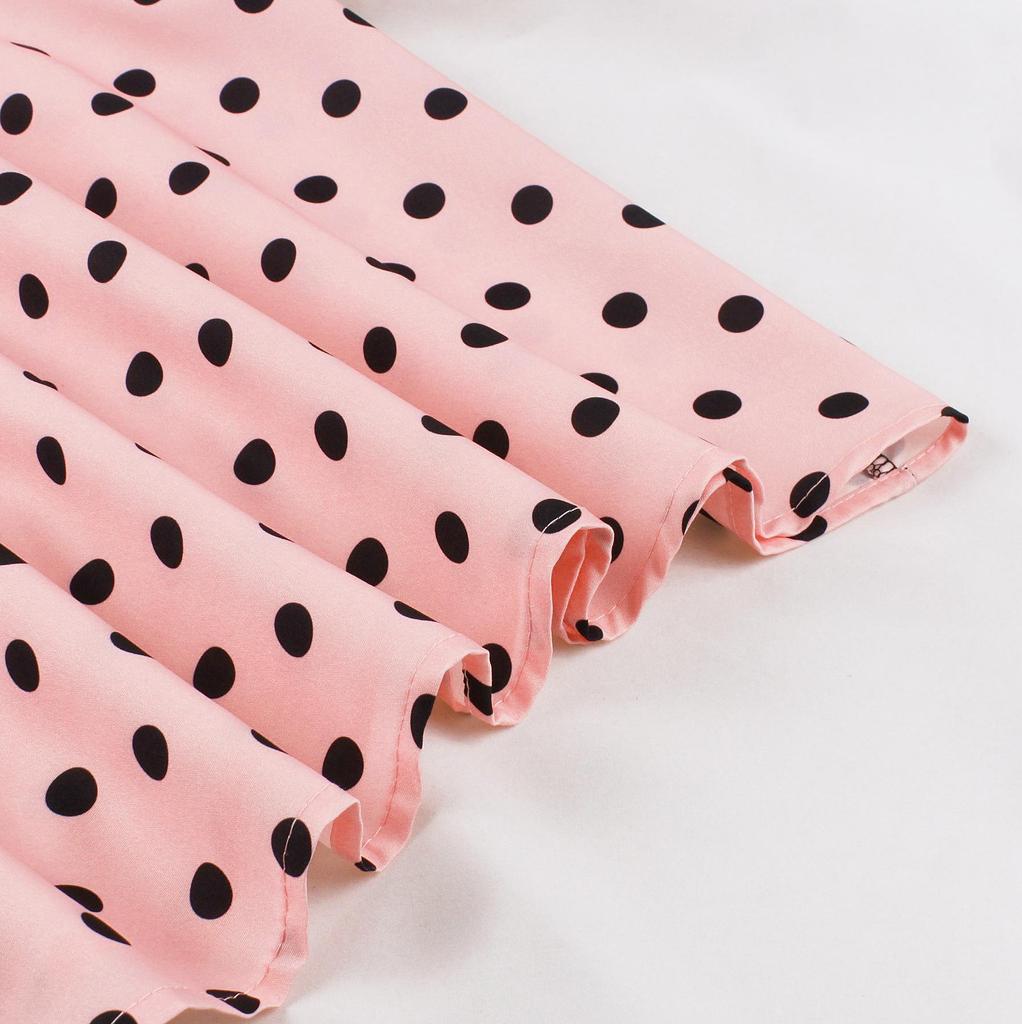 Retro Colorblock Polka Dot Short Sleeve Dress with Turn-Down Collar - Elegant Spring/Summer Style