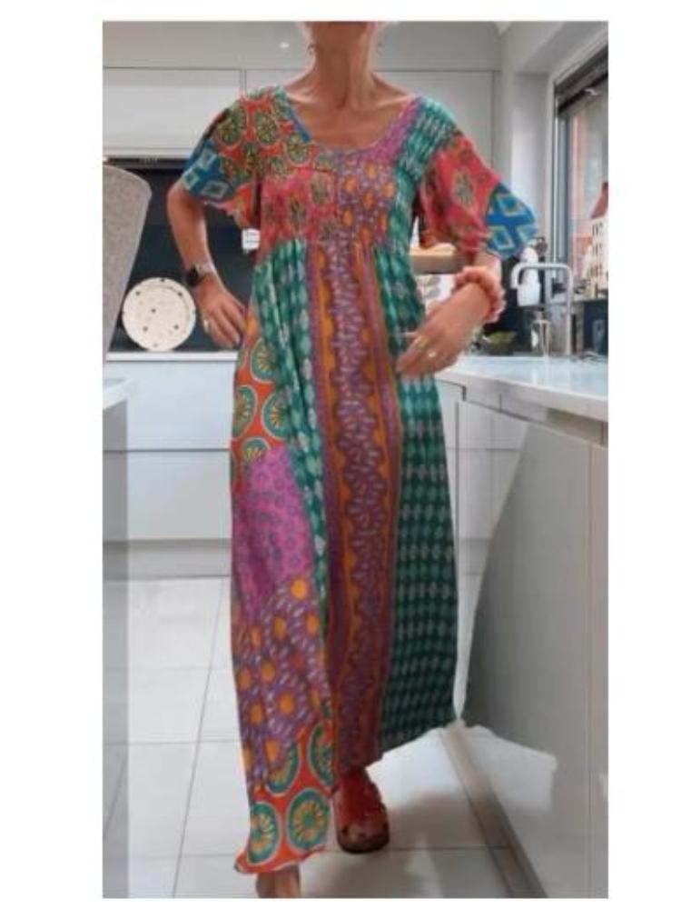 

Women s Bohemian Maxi Dress with Geometric Print, Long Sleeve Flowy Dress in Blue, Green, and Multicolor 5XL