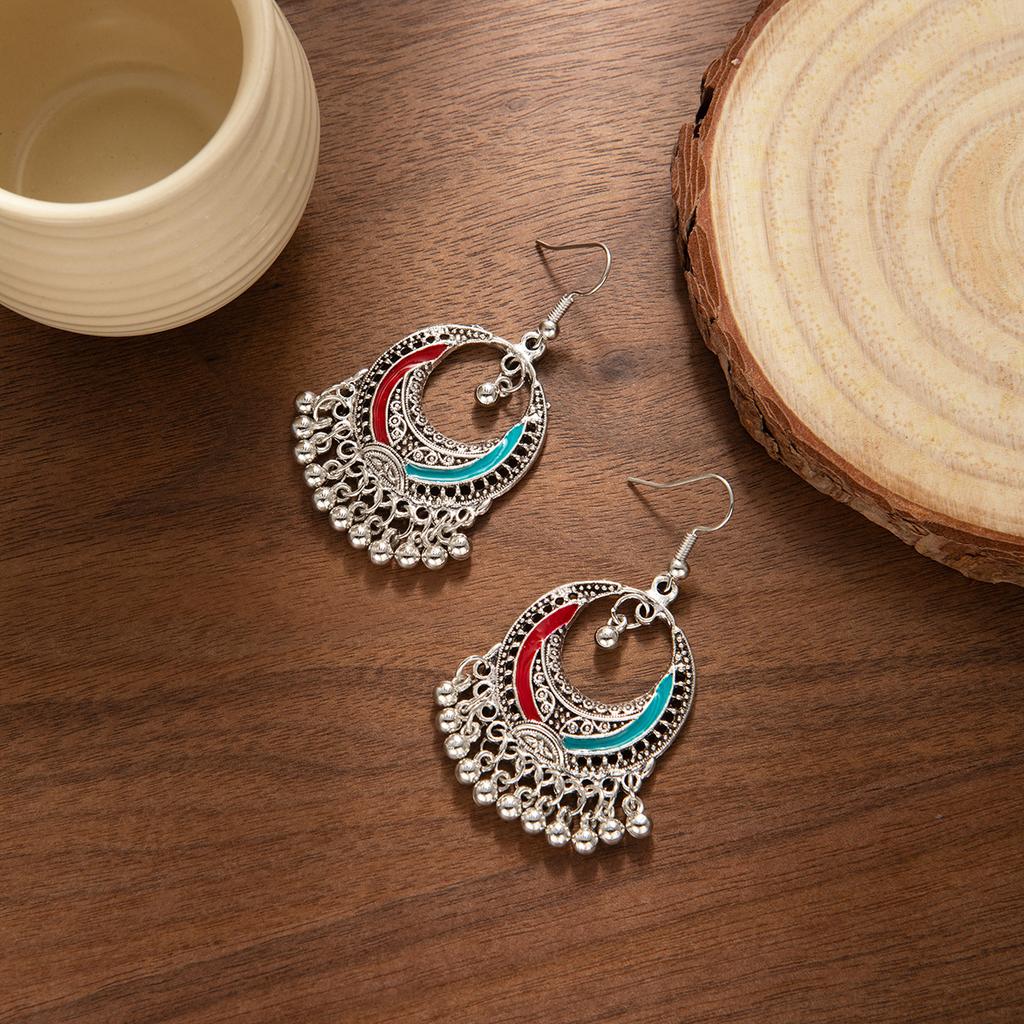 Ethnic Style Miao Silver Fringed Earrings, Tourist Attractions Yunnan Vacation Accessories Retro Literary Metal Bells Ear Hooks