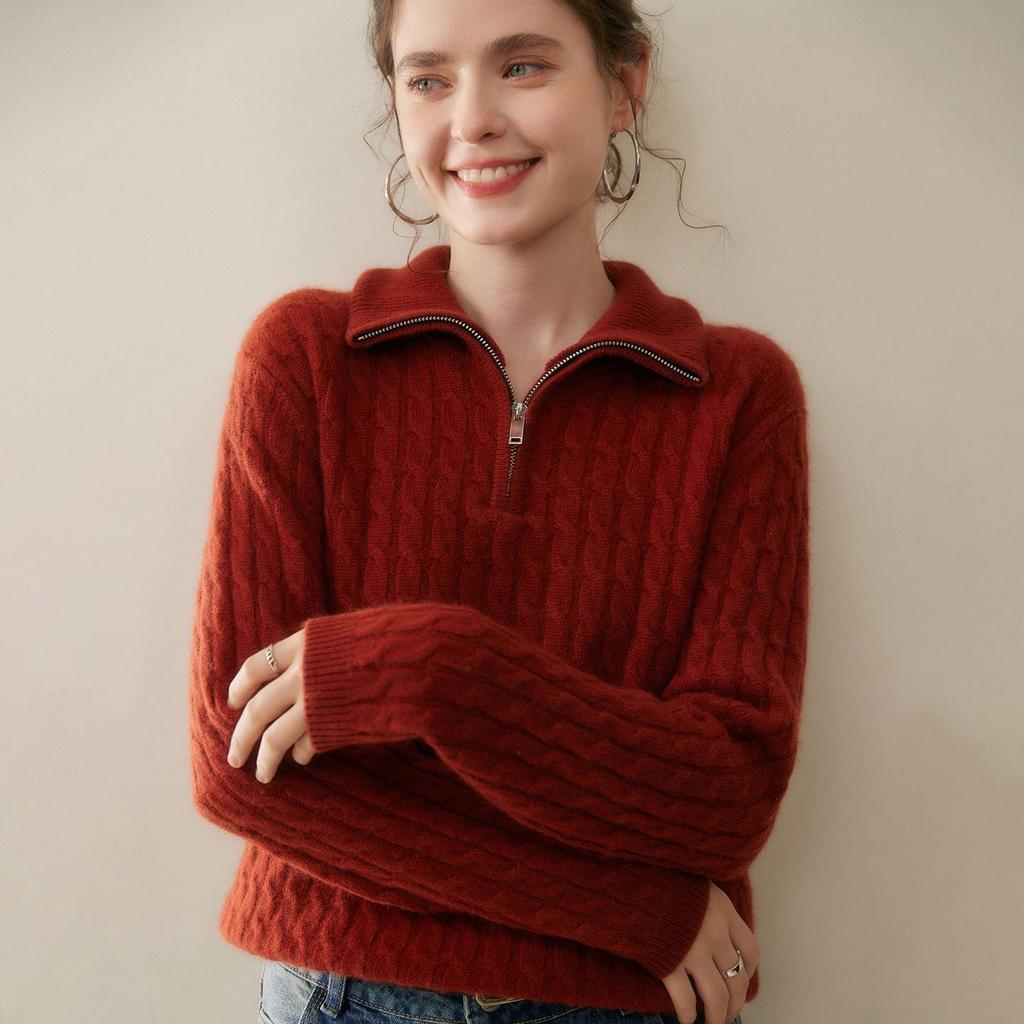 Damski pogrubiony kaszmirowy sweter dzianinowy zapinany na pół zamek - Luźny krój, miękki, kołnierz wywijany na jesień i zimę