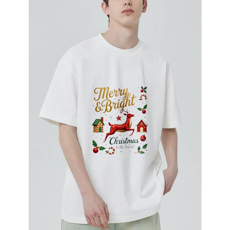 Christmas T Shirt Black Merry and Bright Reindeer House and Candy Cane Print for Holiday Party