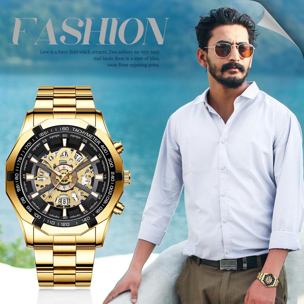 Gold Watch with 3ATM Water Luminous Analog Stainless Stylish Quartz and Gold A Perfect Gift for or Your Boyfriend Men's Calendar, Resistance, Display,