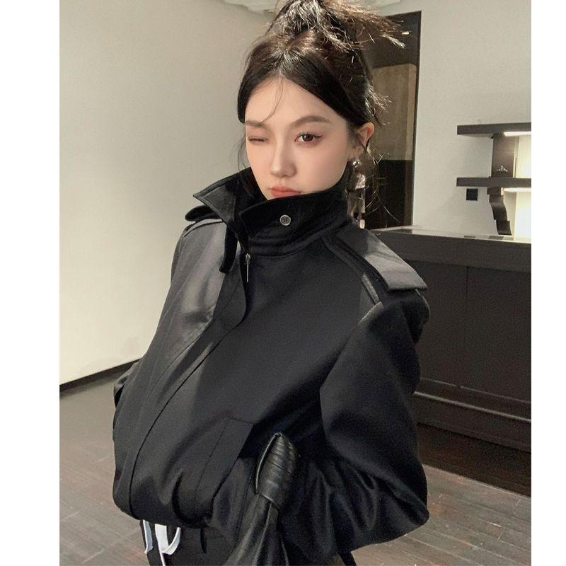 Retro Fashion Stand Collar Black Broad Shoulder Jacket Women's Spring and Autumn New Hong Kong Style Casual Short Top