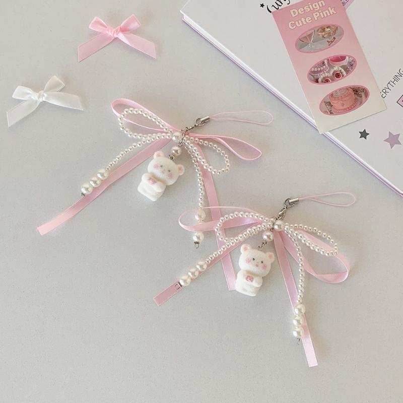 Stylish Flocking Bear Keychain With Pearls Accent and Ribbon Bowknot Stylish Purse Or Car Key Holder Accessory