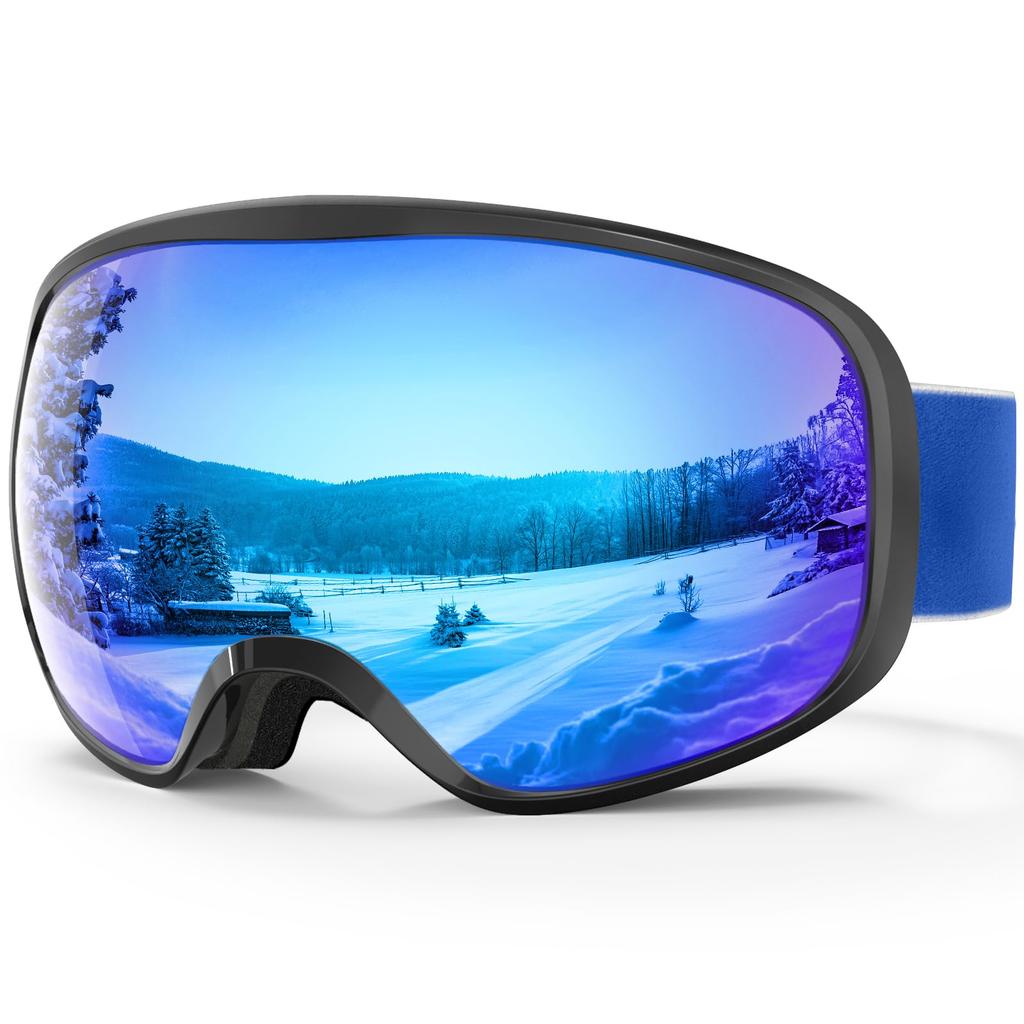 RIOROO Ski Goggles (OTG Compatible, Spherical Wide View, Anti-Fog, UV Protection) for Adults/Youth – A12 Black Frame / Ice Blue Lens