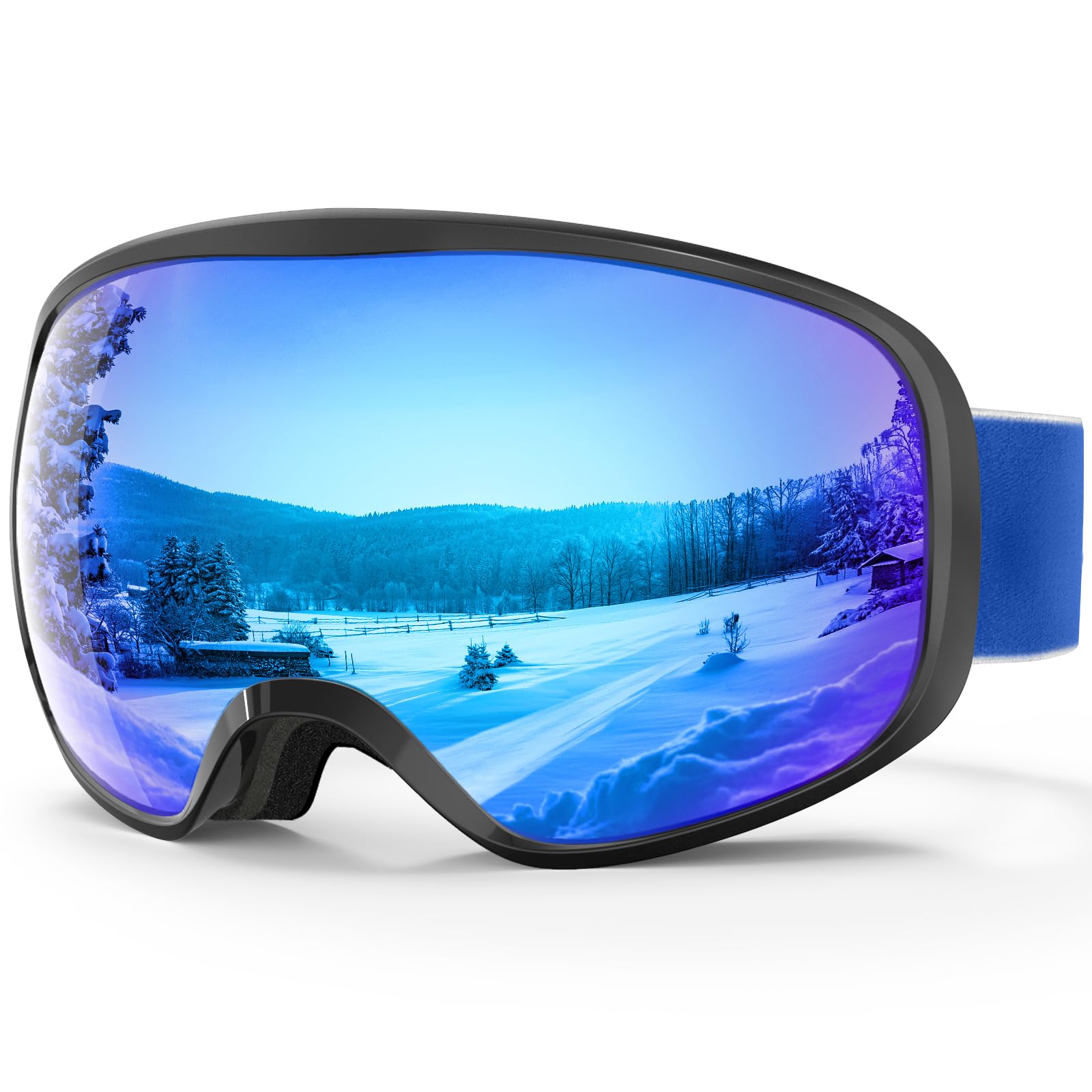 

RIOROO Ski Goggles (OTG Compatible, Spherical Wide View, Anti-Fog, UV Protection) for Adults/Youth – A12 Black Frame / Ice Blue Lens