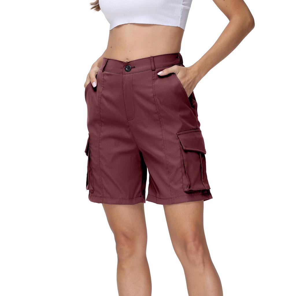 Bermuda Shorts For Women Cargo Shorts Knee Length 6 Pockets Elastic Waist Long Shorts For Summer Casual